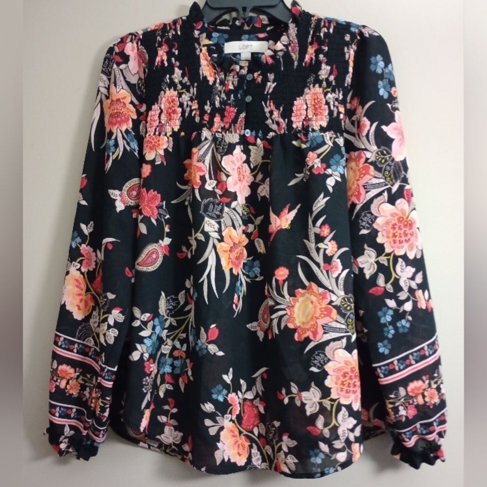 LOFT Black Floral Blouse Size Medium